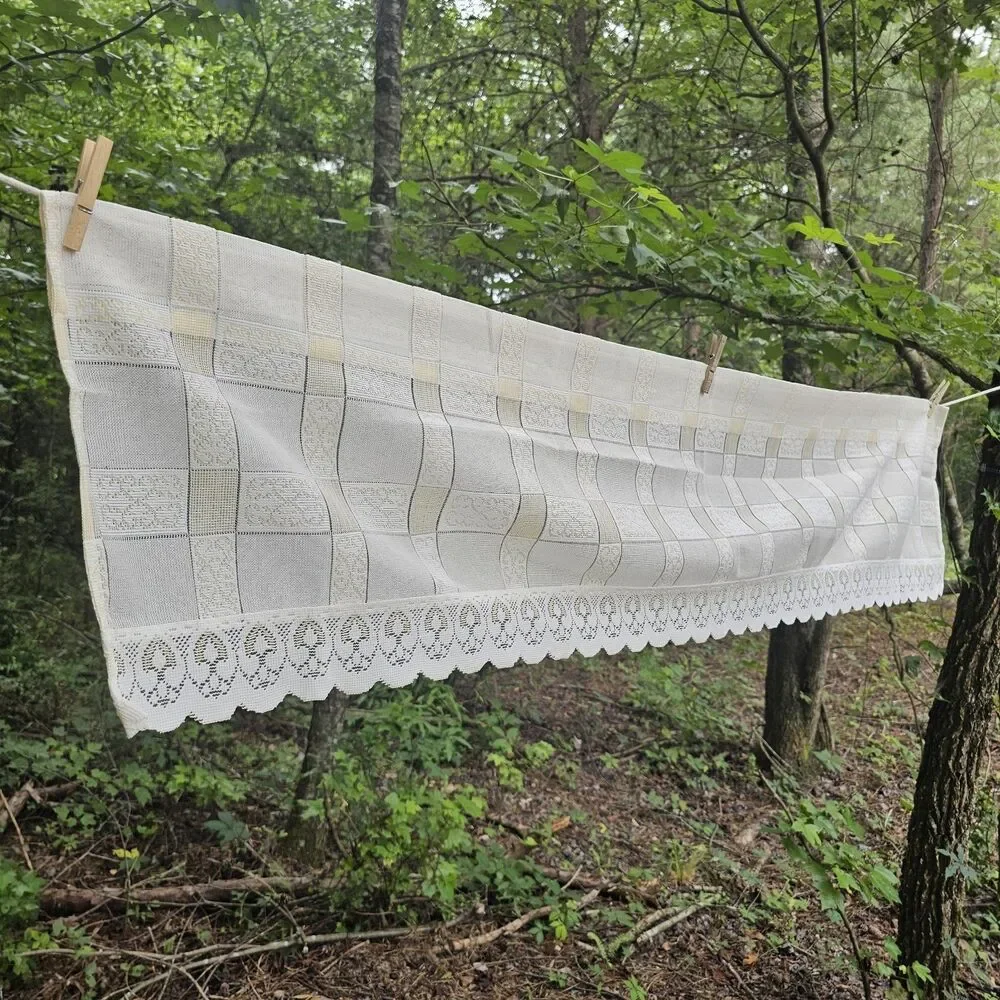 Vintage Cream & Butter Yellow Checkered Sheer Lace Valance - Cottage, Grannycore